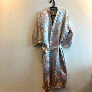 TAN MY Sz L Dragons  Flowers Birds Belted Sheen Kimono Robe. NWOT